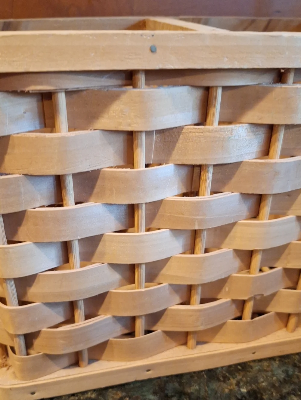 Hand Crafted Natural Wood Woven Basket with Tall Handle
